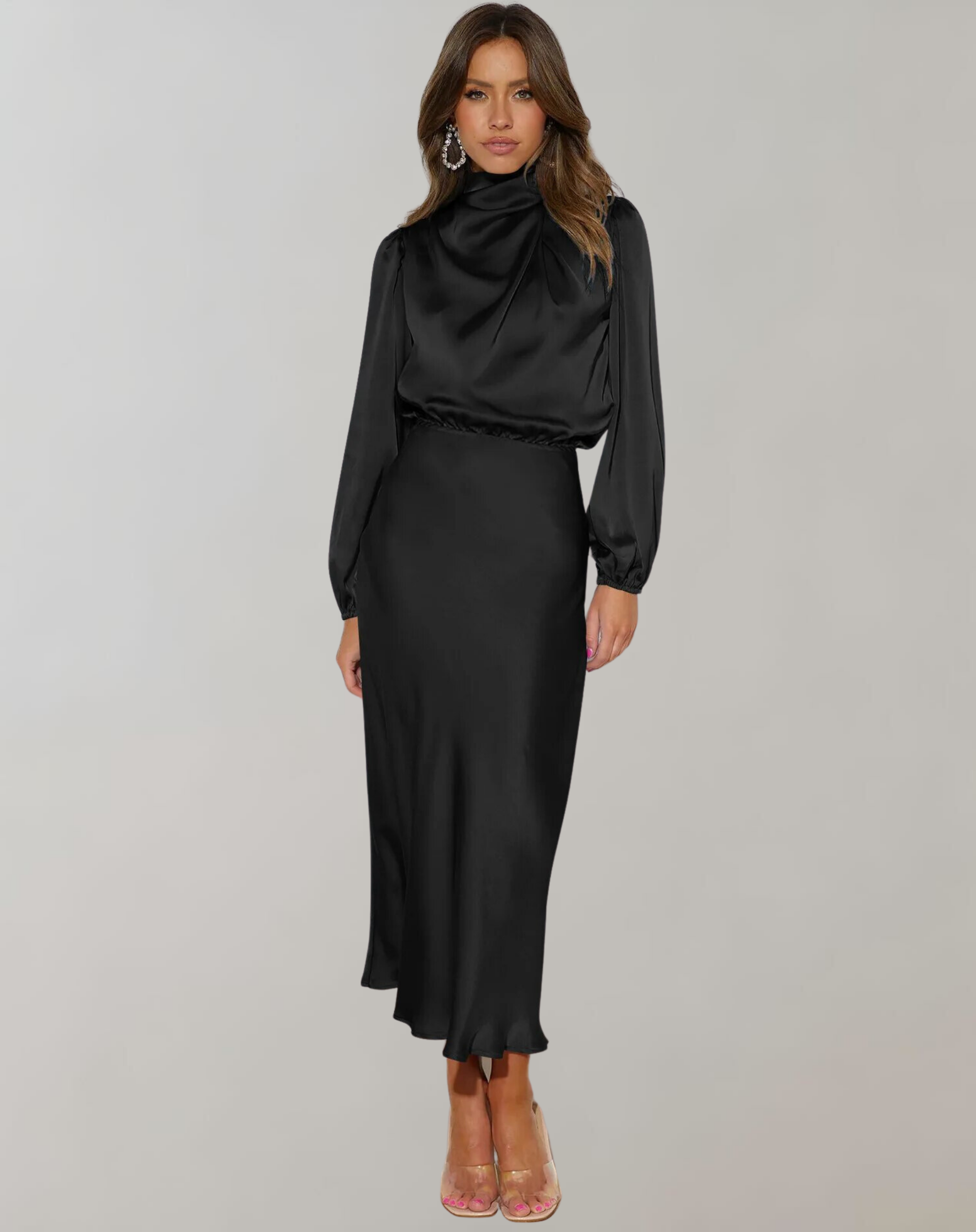 Elegant Satin Long-Sleeve Midi Dress | High Neck