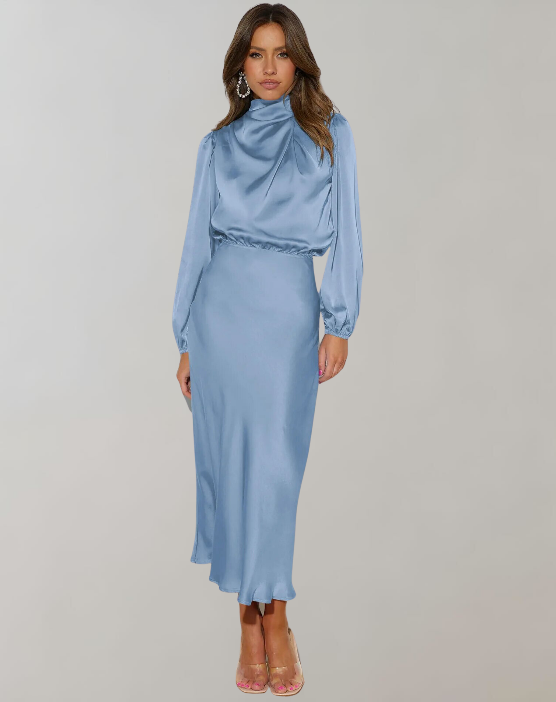 Elegant Satin Long-Sleeve Midi Dress | High Neck