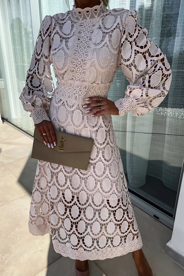 Elegant Lace Midi Dress | High Neck & Puff Sleeves