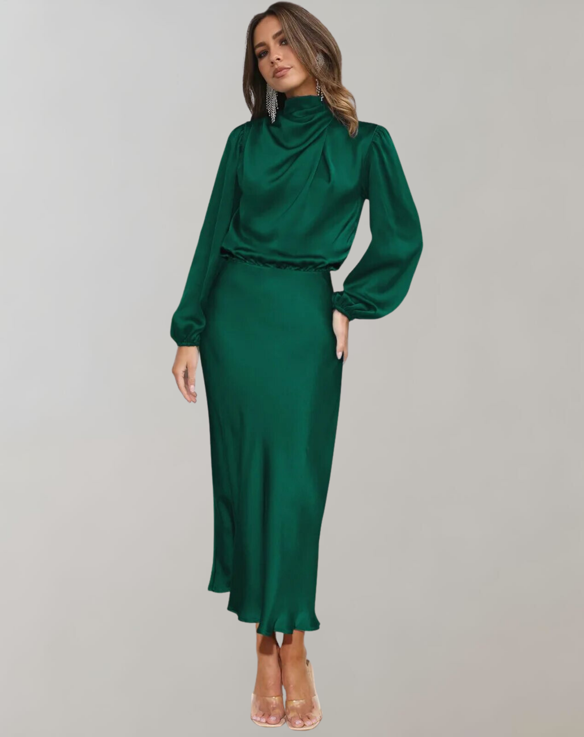 Elegant Satin Long-Sleeve Midi Dress | High Neck