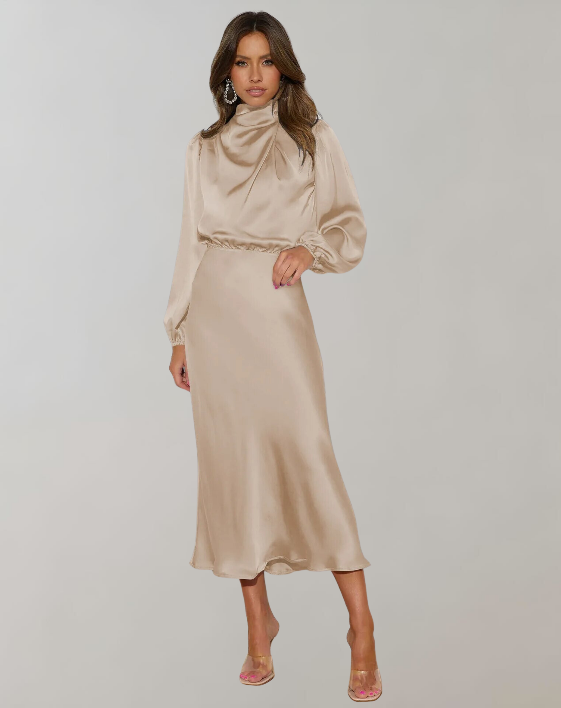 Elegant Satin Long-Sleeve Midi Dress | High Neck