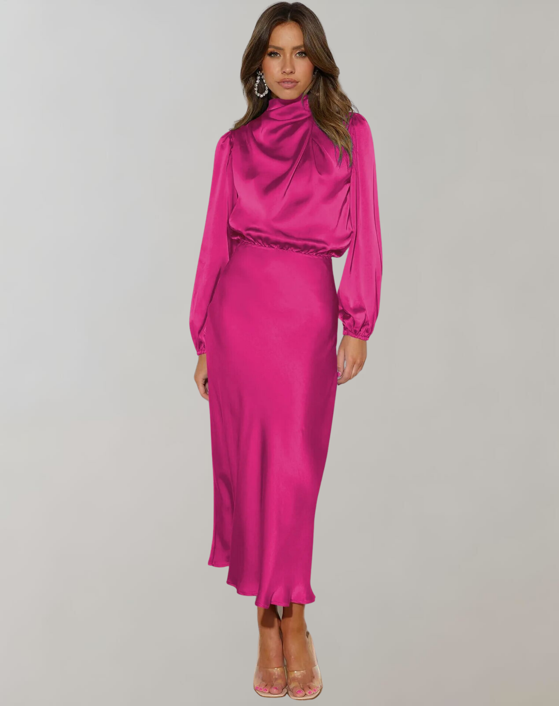 Elegant Satin Long-Sleeve Midi Dress | High Neck