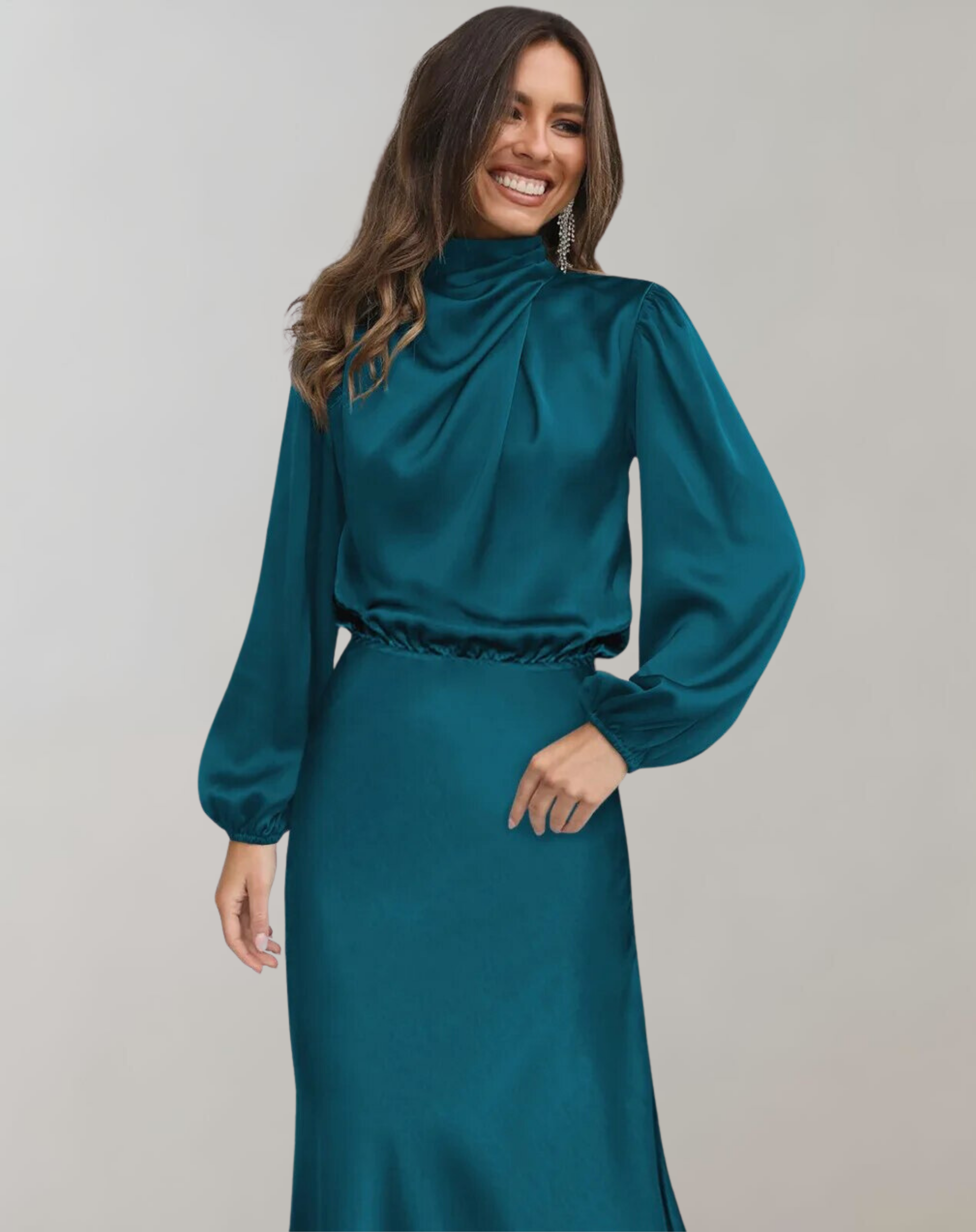 Elegant Satin Long-Sleeve Midi Dress | High Neck