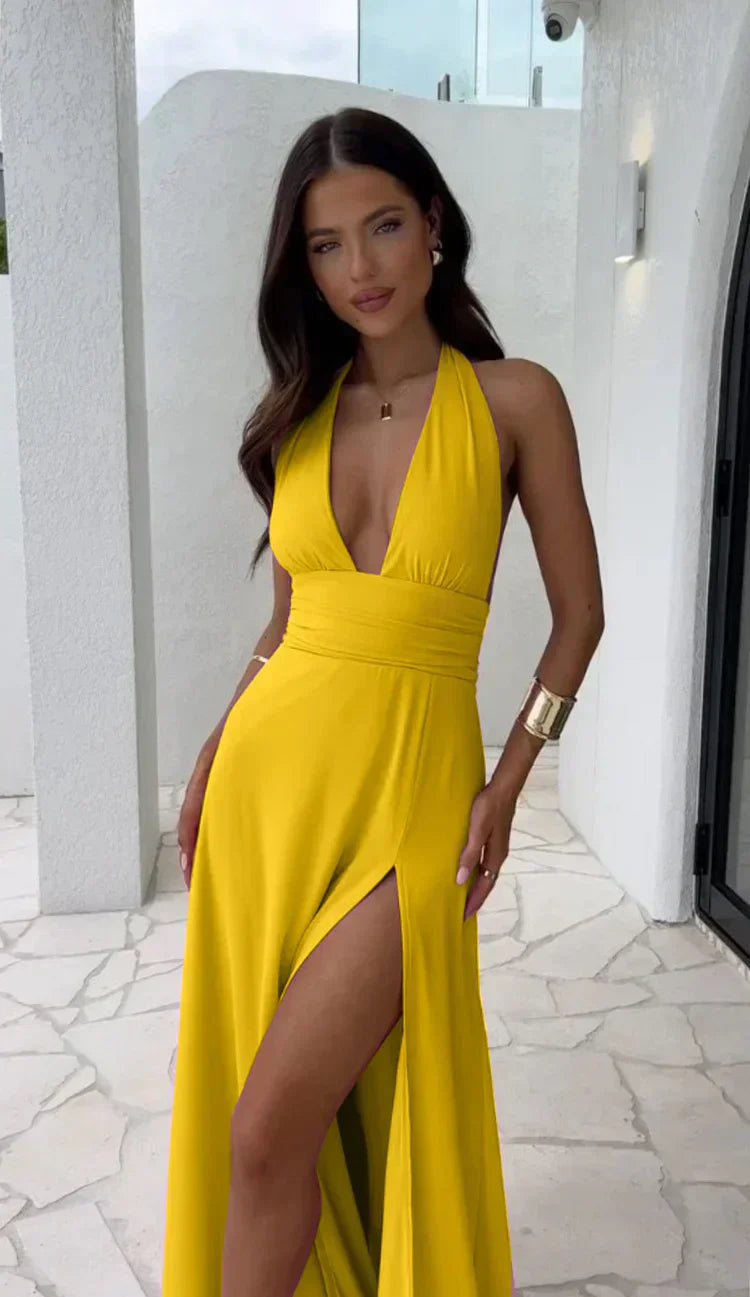 Elegant Halter Maxi Dress | Backless & High Slit