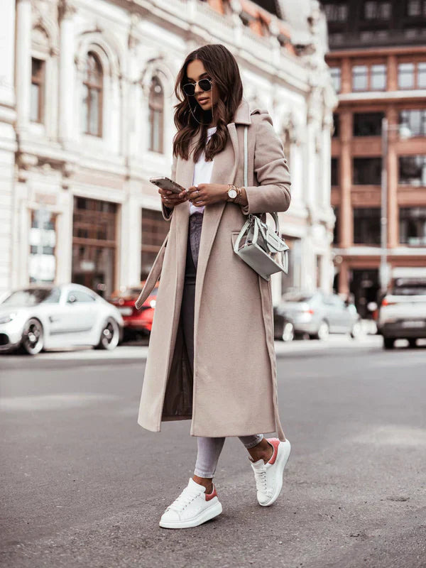 Elegant Long Wool Coat | Stylish Belted Design