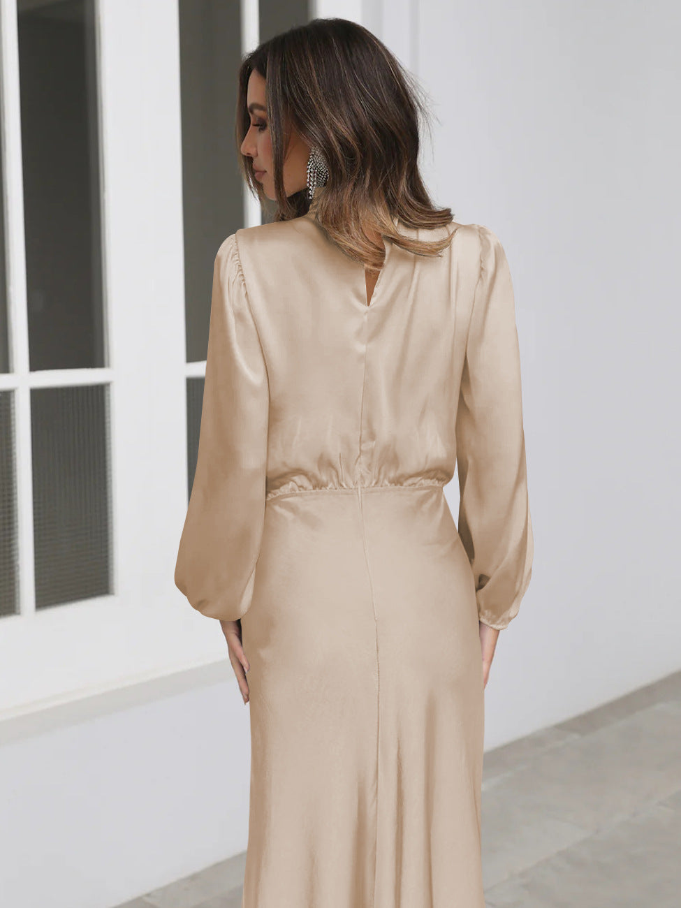 Elegant Satin Long-Sleeve Midi Dress | High Neck