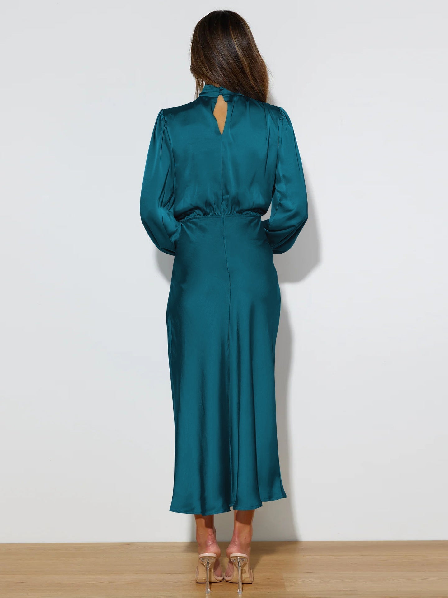 Elegant Satin Long-Sleeve Midi Dress | High Neck