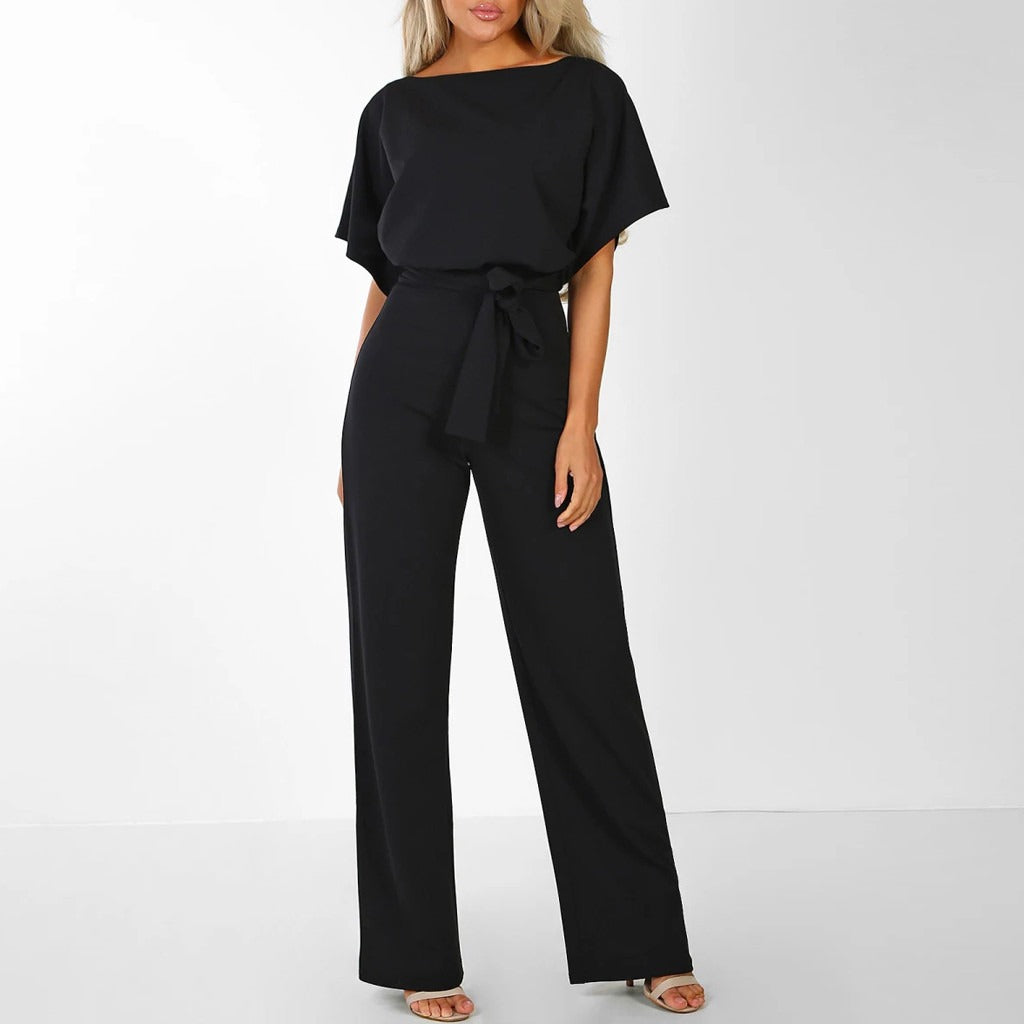 Elegant Wide-Leg Jumpsuit | Belted Waist & Short Sleeves