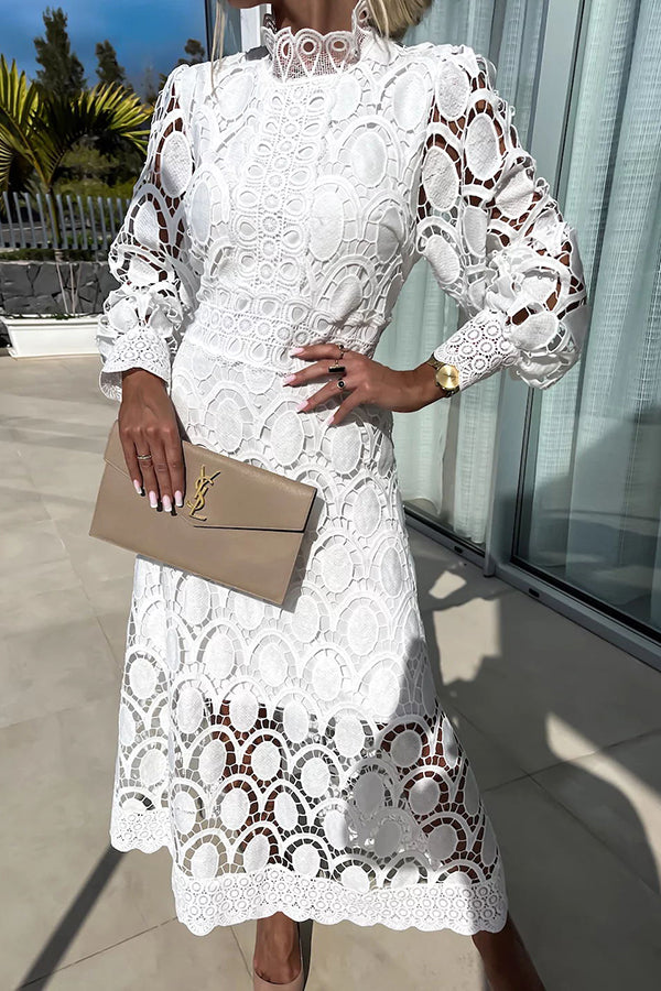 Elegant Lace Midi Dress | High Neck & Puff Sleeves
