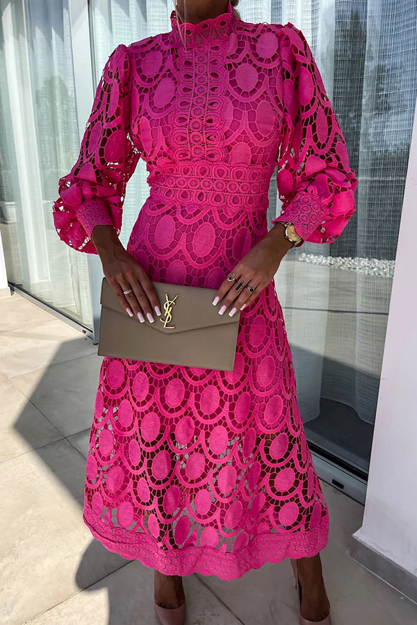 Elegant Lace Midi Dress | High Neck & Puff Sleeves