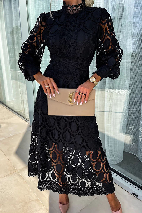 Elegant Lace Midi Dress | High Neck & Puff Sleeves