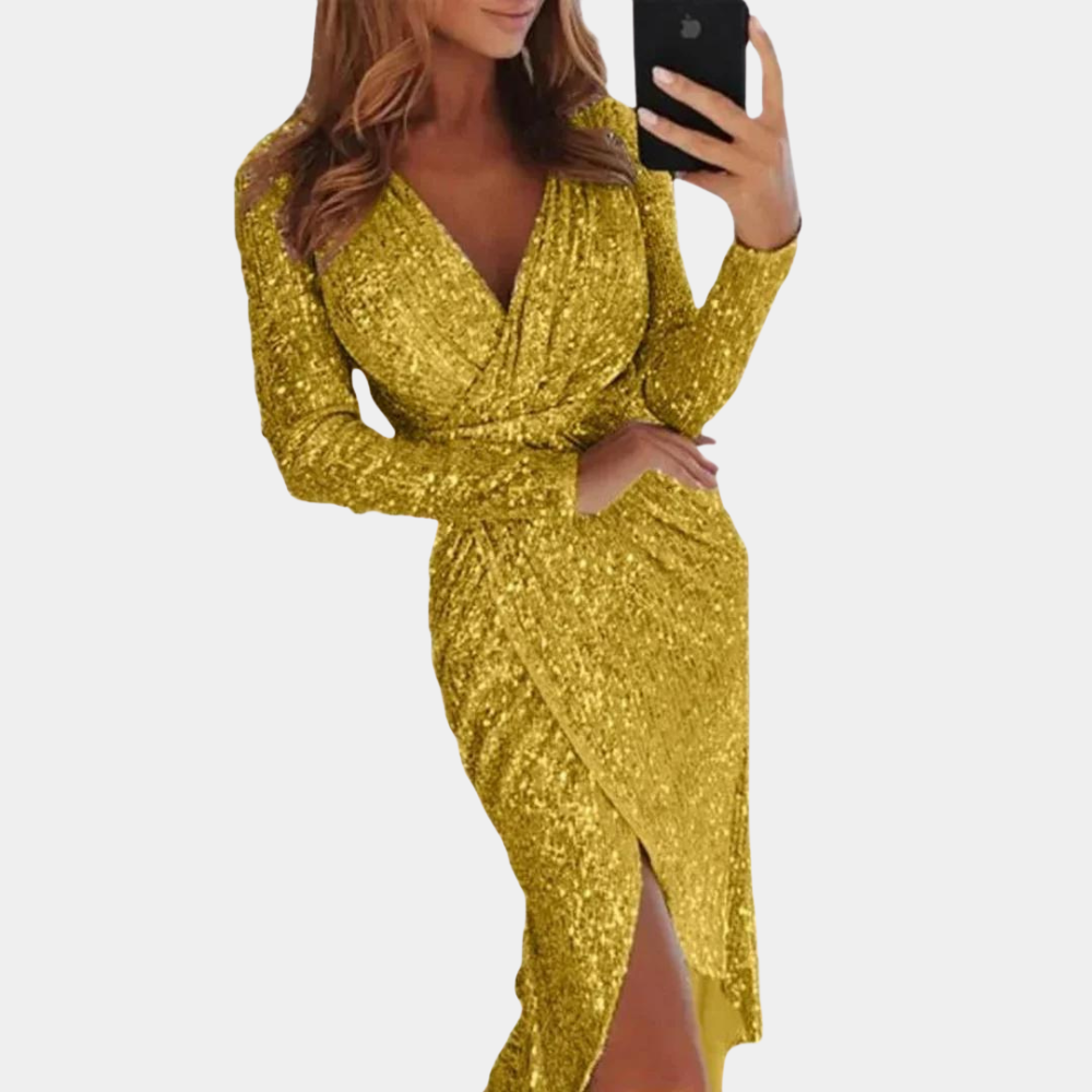 Sequin Wrap Evening Dress | Elegant Long Sleeve