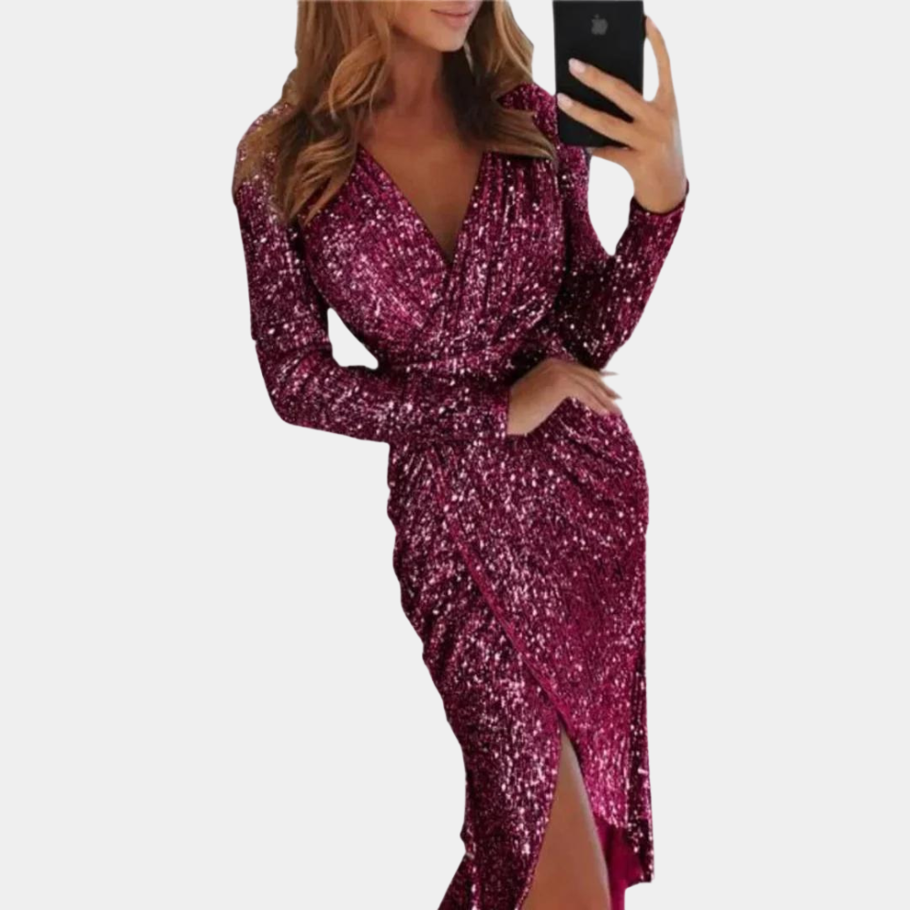 Sequin Wrap Evening Dress | Elegant Long Sleeve