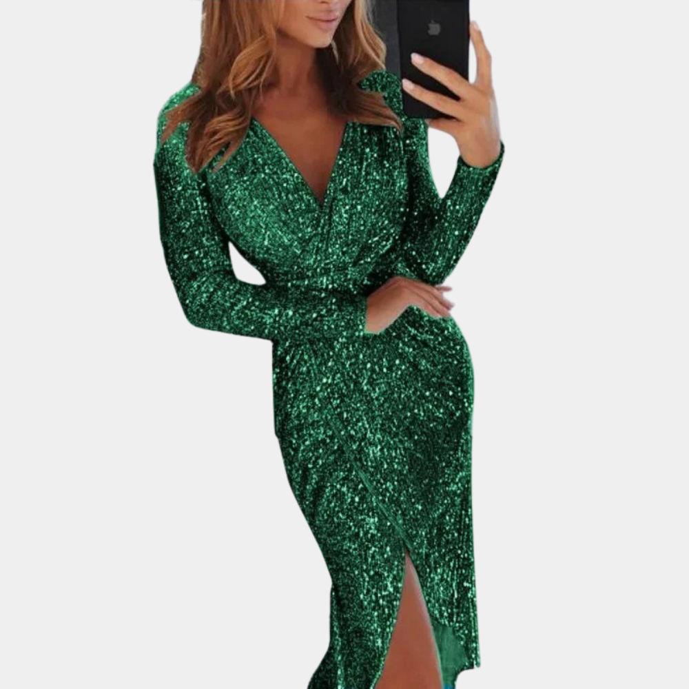 Sequin Wrap Evening Dress | Elegant Long Sleeve