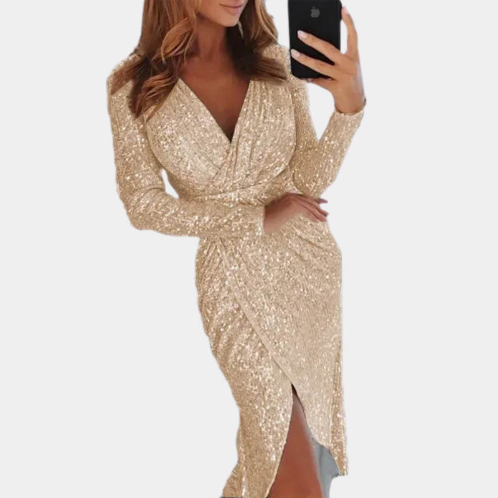 Sequin Wrap Evening Dress | Elegant Long Sleeve