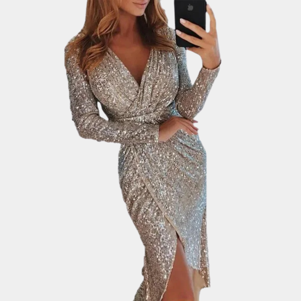 Sequin Wrap Evening Dress | Elegant Long Sleeve