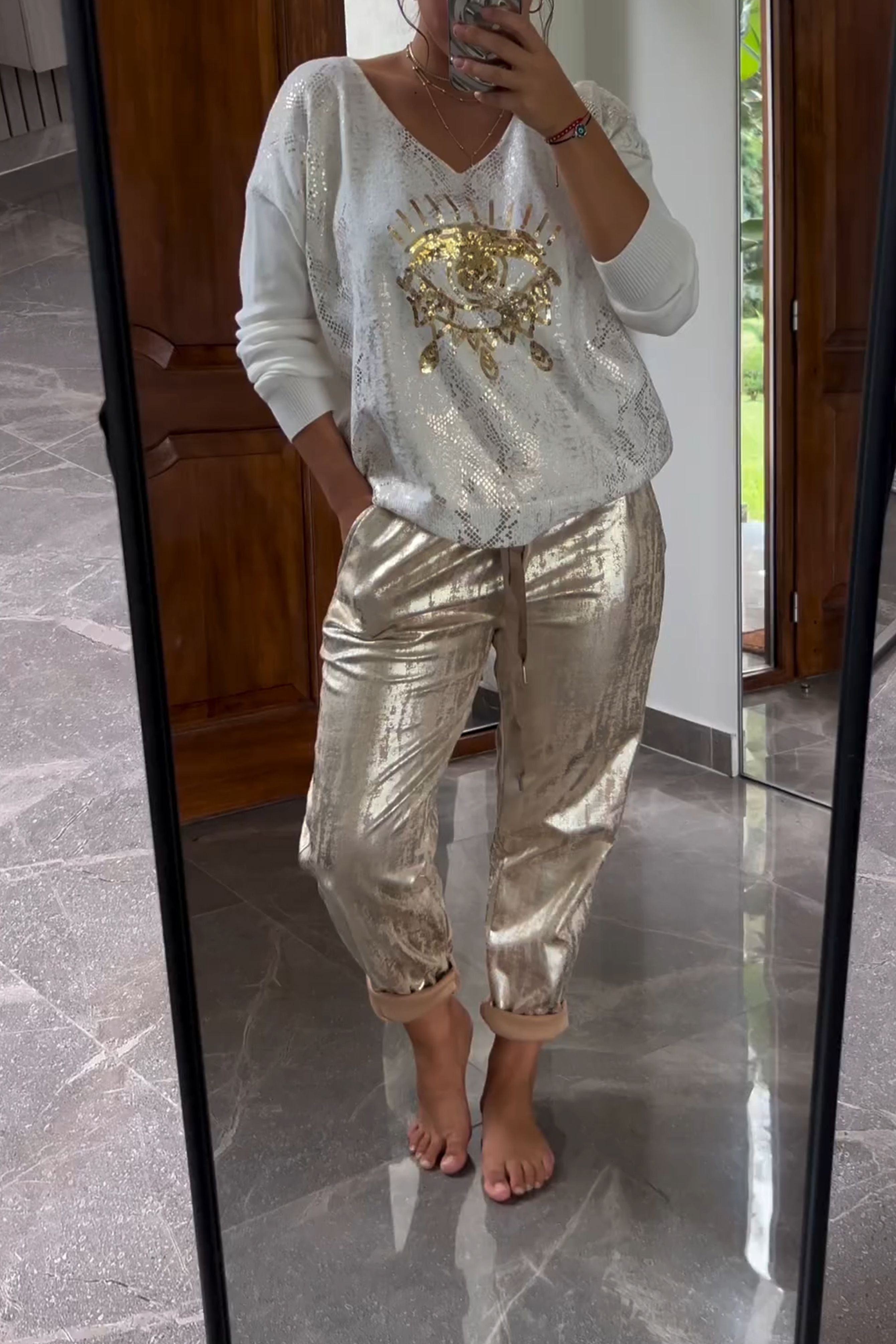 Sequin Eye Sweater & Metallic Pants | Chic & Shiny
