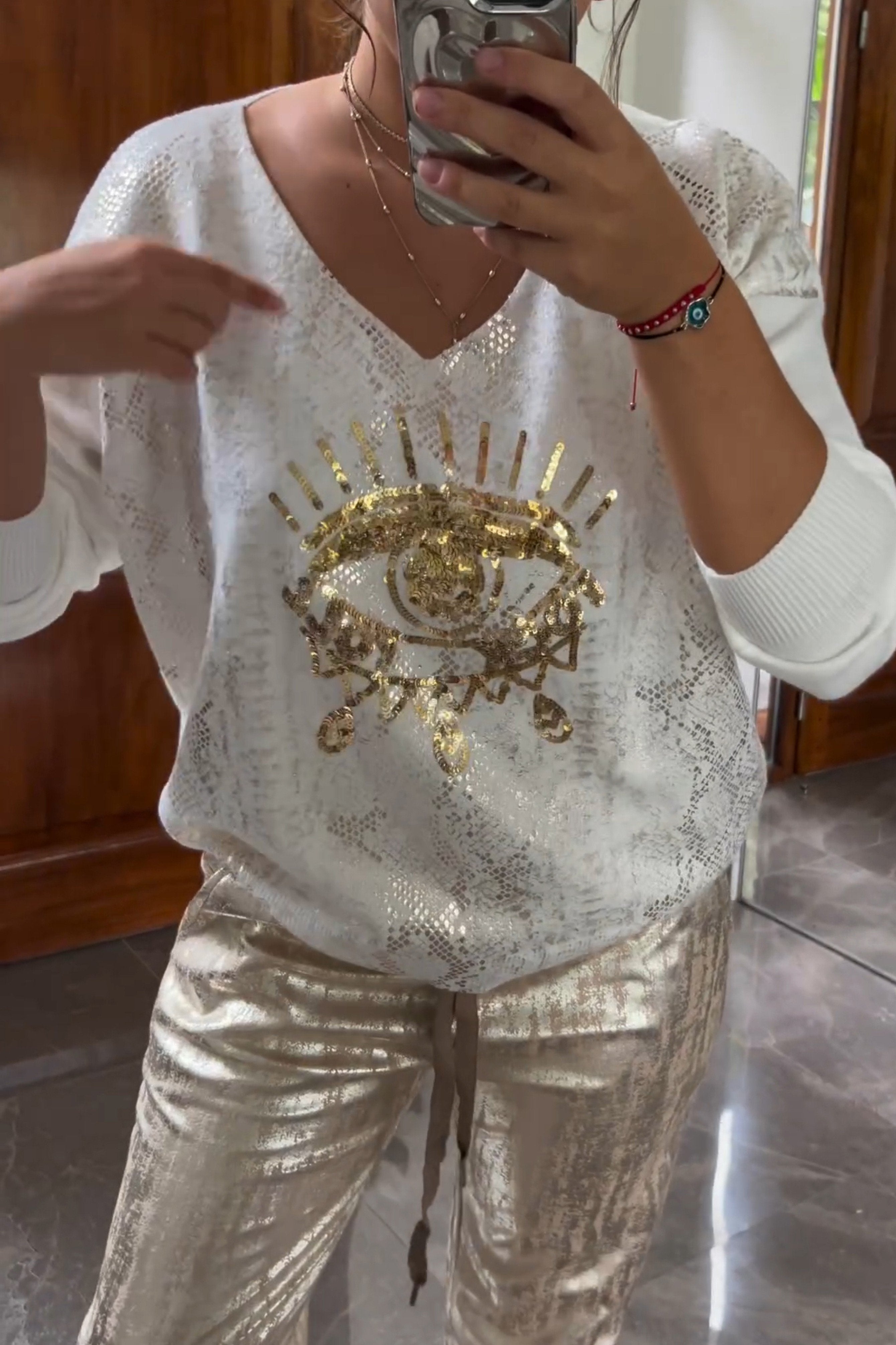 Sequin Eye Sweater & Metallic Pants | Chic & Shiny