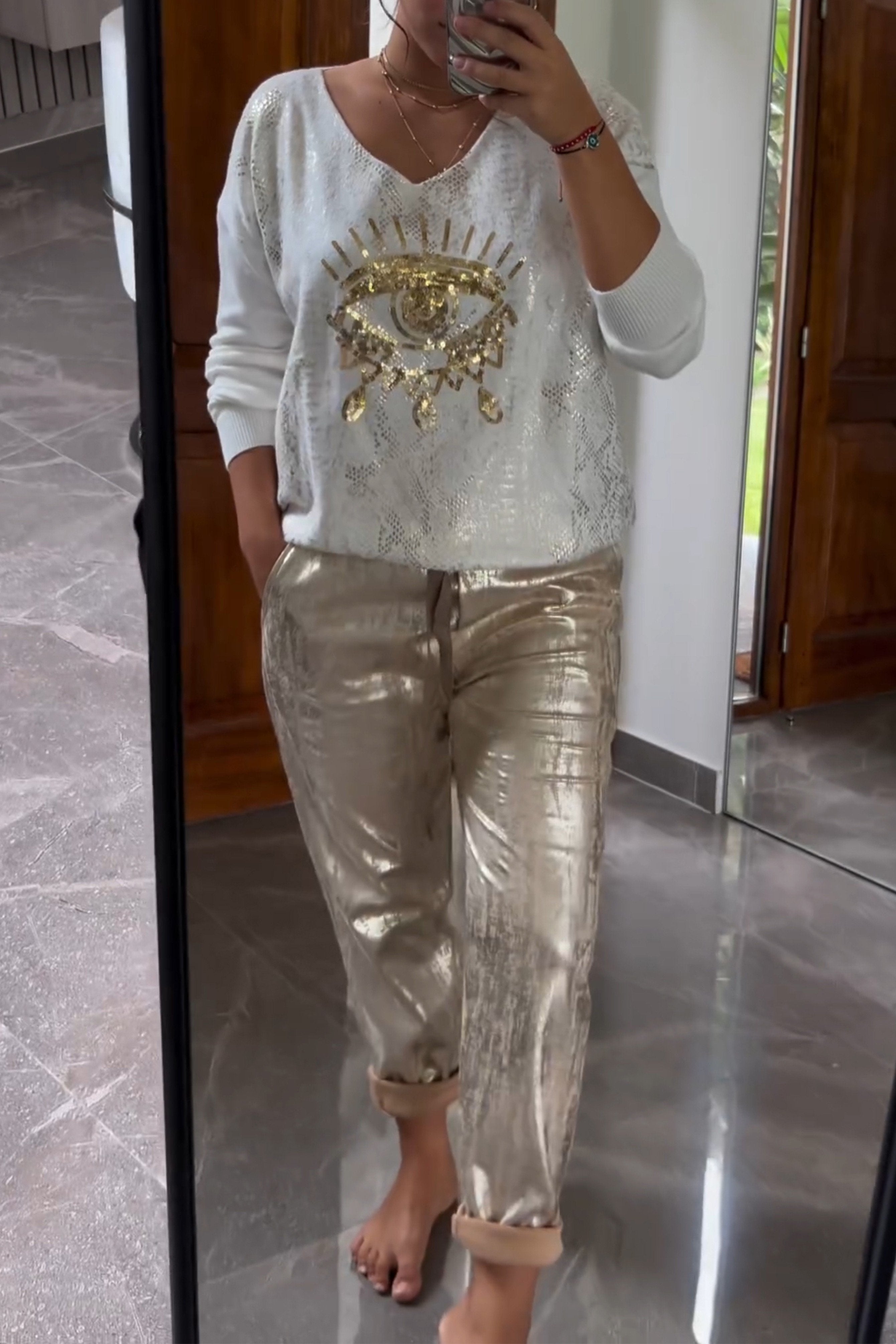 Sequin Eye Sweater & Metallic Pants | Chic & Shiny