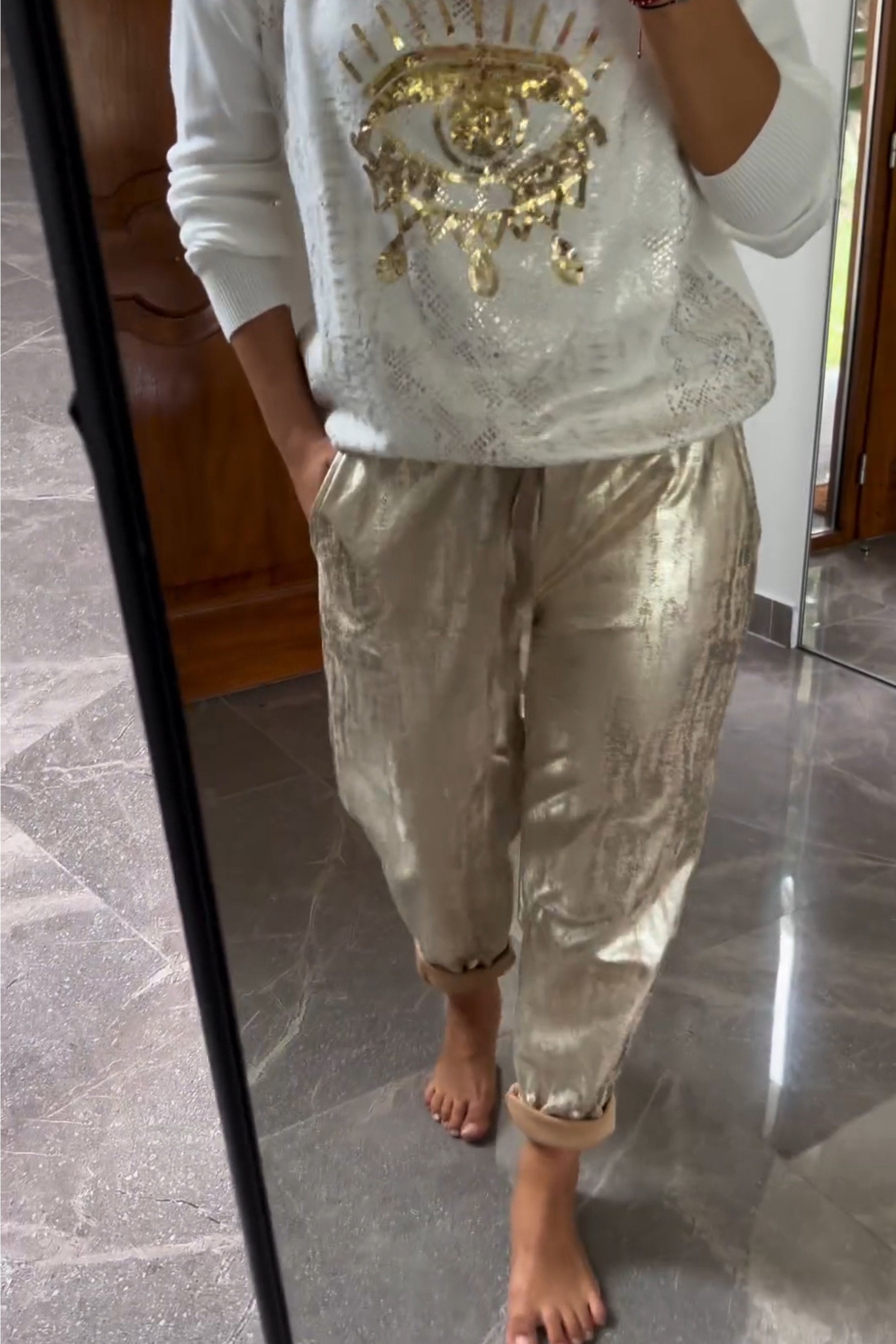 Sequin Eye Sweater & Metallic Pants | Chic & Shiny